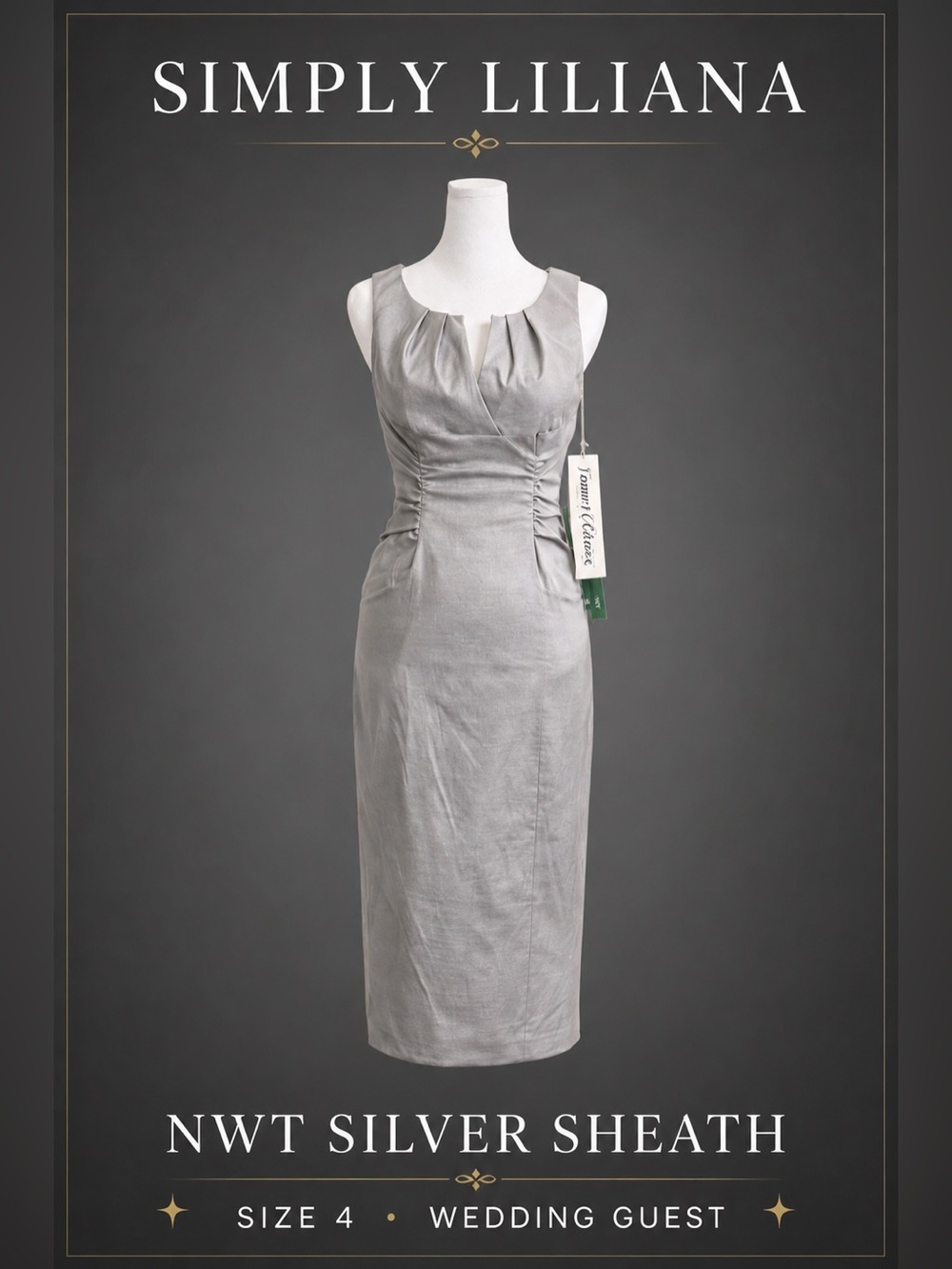 Simply Liliana Silver Sheath Midi Dress NWT Size 4 Wedding Guest Cocktail